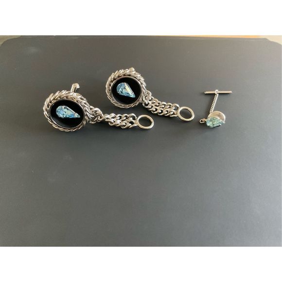 Aquamarine Tone Silver-Toned Chainlink Bold Cufflinks and Tie Pin - Picture 2 of 4